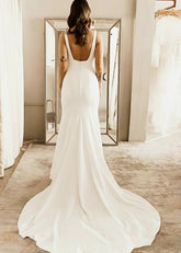 Janice | Sleek Square Neck Mermaid Minimalist Wedding Dress with Sweep Train - White - PromDressClub